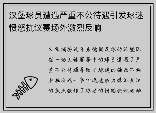 汉堡球员遭遇严重不公待遇引发球迷愤怒抗议赛场外激烈反响