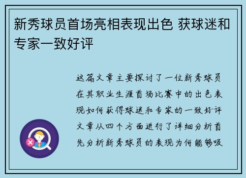 新秀球员首场亮相表现出色 获球迷和专家一致好评