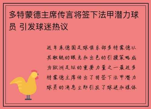 多特蒙德主席传言将签下法甲潜力球员 引发球迷热议